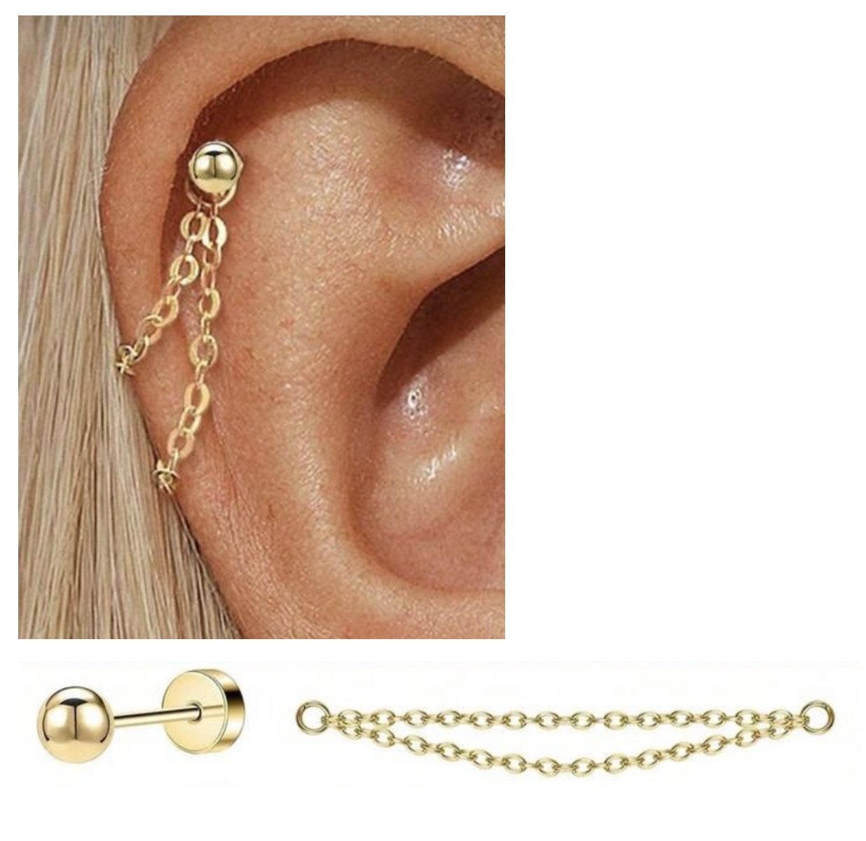 KOLCZYK LABRET ZŁOTY ZE STALI WISZĄCY Z ŁAŃCUSZKIEM KULKA HELIX STAL 316L