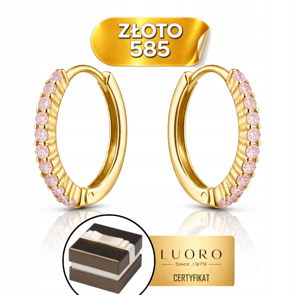 Náušnice Zlaté 585 14K Kroužky S Kamínky 1,5 CM Krabička Dárek