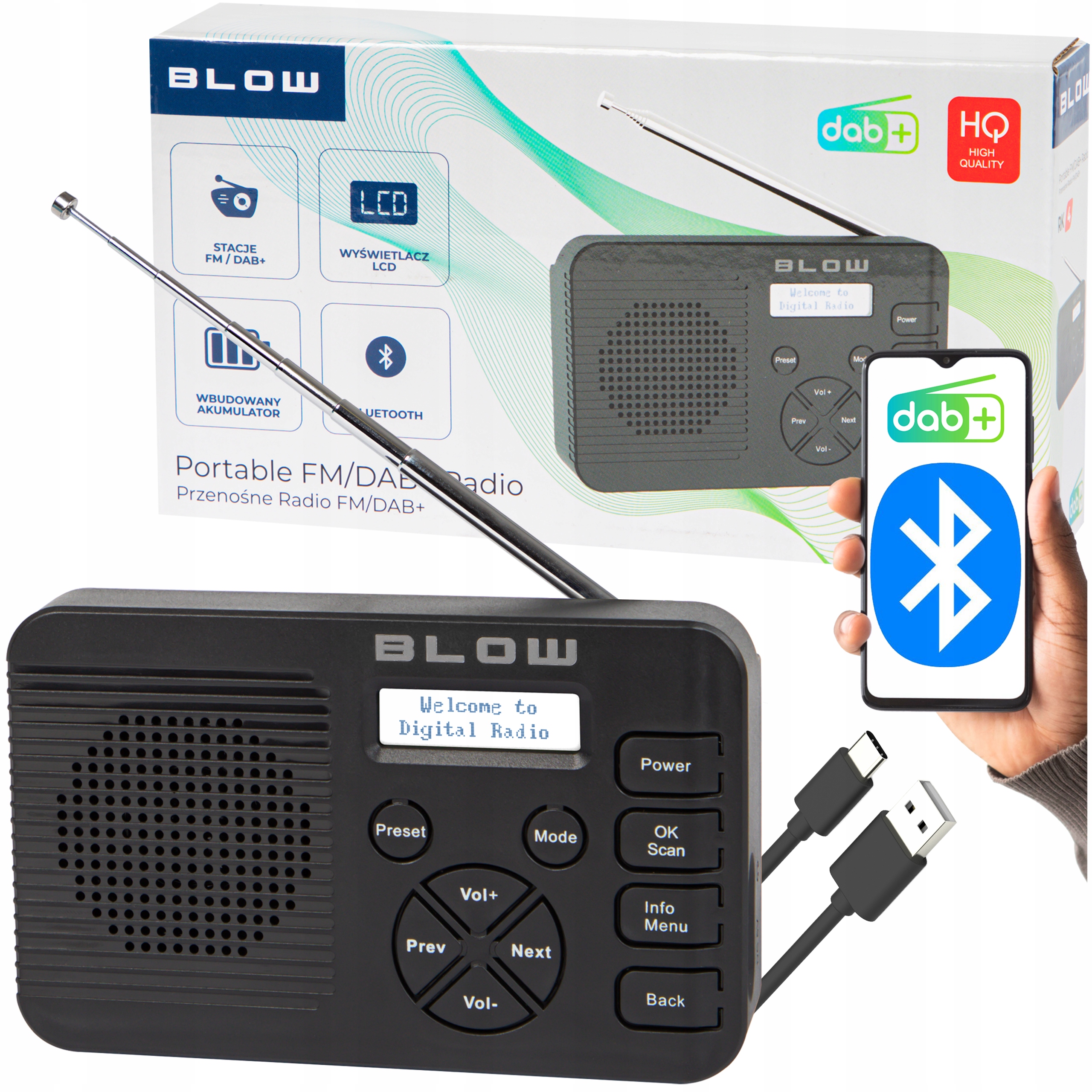 Radio Cyfrowe Kuchenne Budowlane Przenośne LCD Bluetooth Dab+ Fm Aux Usb-c