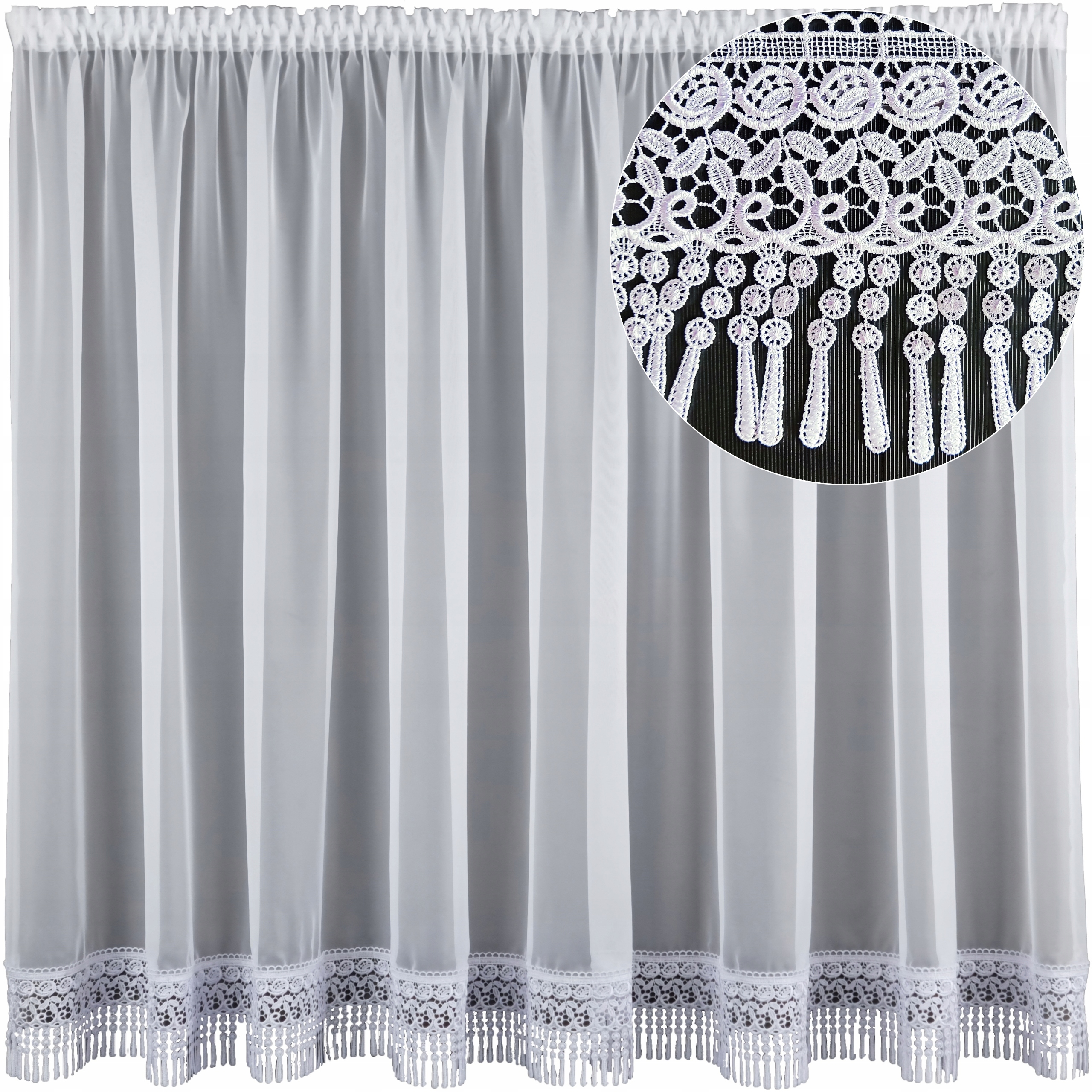 Firana klasyczna woal 400 cm x 90 taśma szeroka gipiura koronka Kasia 15cm