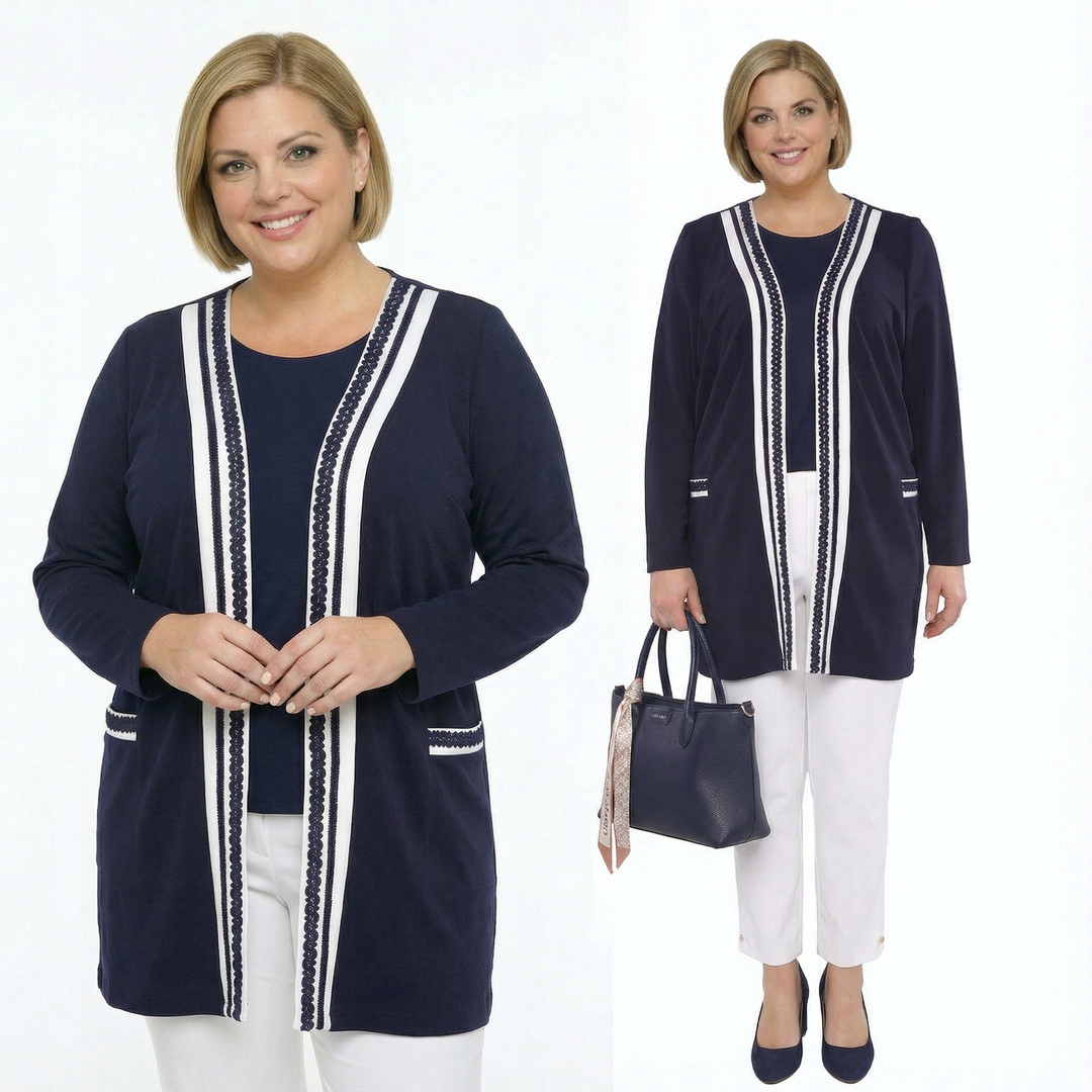 Tmavě modrý kardigan s bílými vložkami a výšivkou plus size, velikost 48