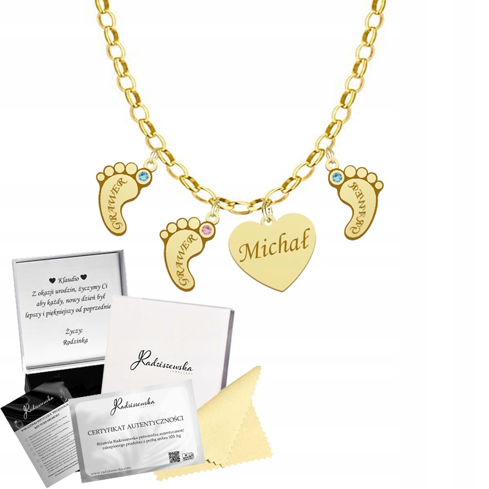 Zlatý náhrdelník Nohy Děti Srdce Řetízek Stříbro 925 pro maminku Gravírování