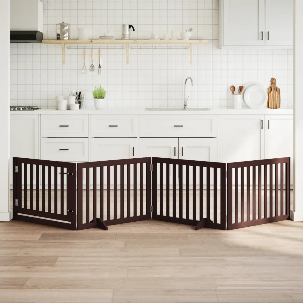 Zábrana pro psy s dvířky skládací 4 panely hnědá 320 cm topol Hnědá 352265