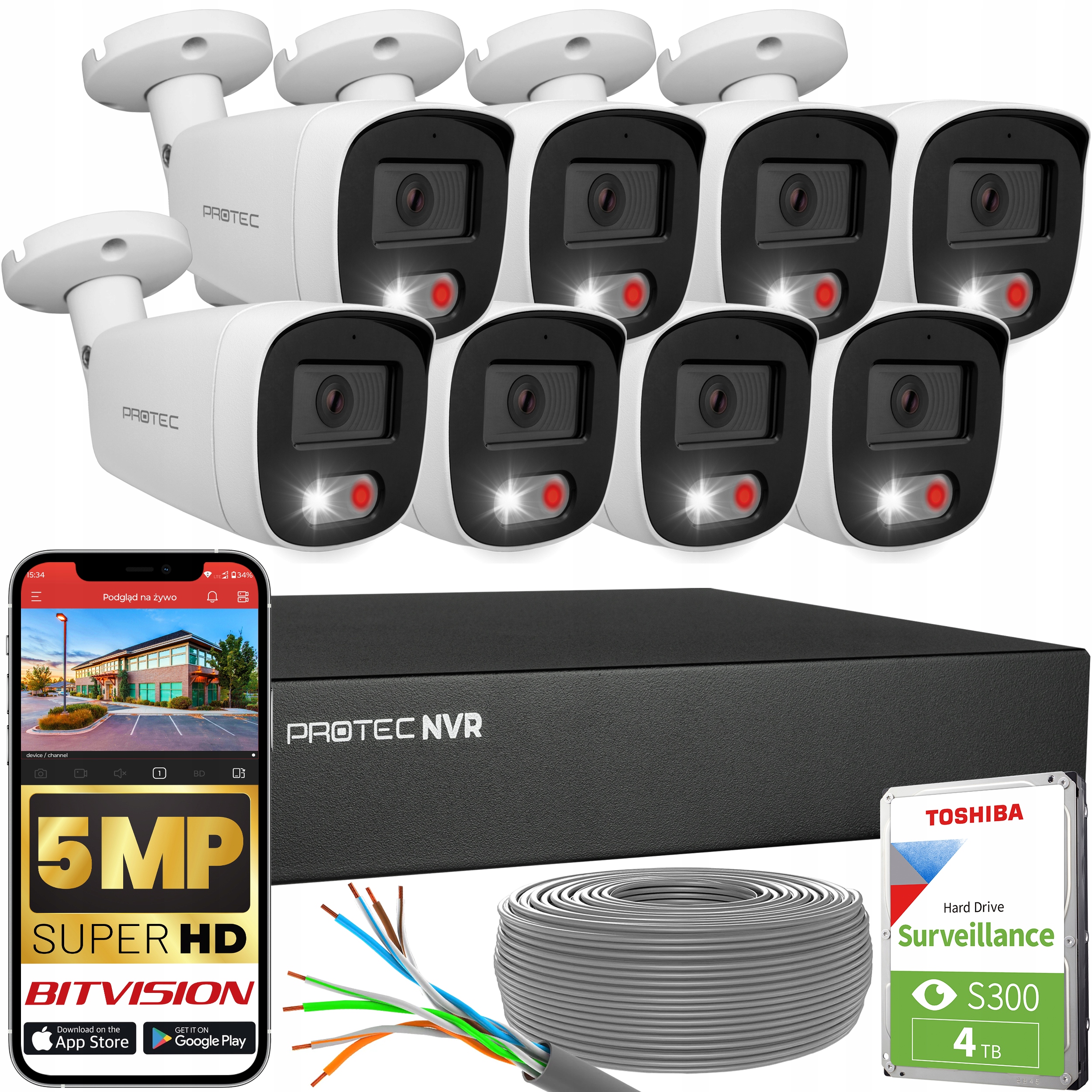 Sada pro monitorování 8 Ip kamer PoE Full Color detekce lidí 5Mpx Hdd 4TB