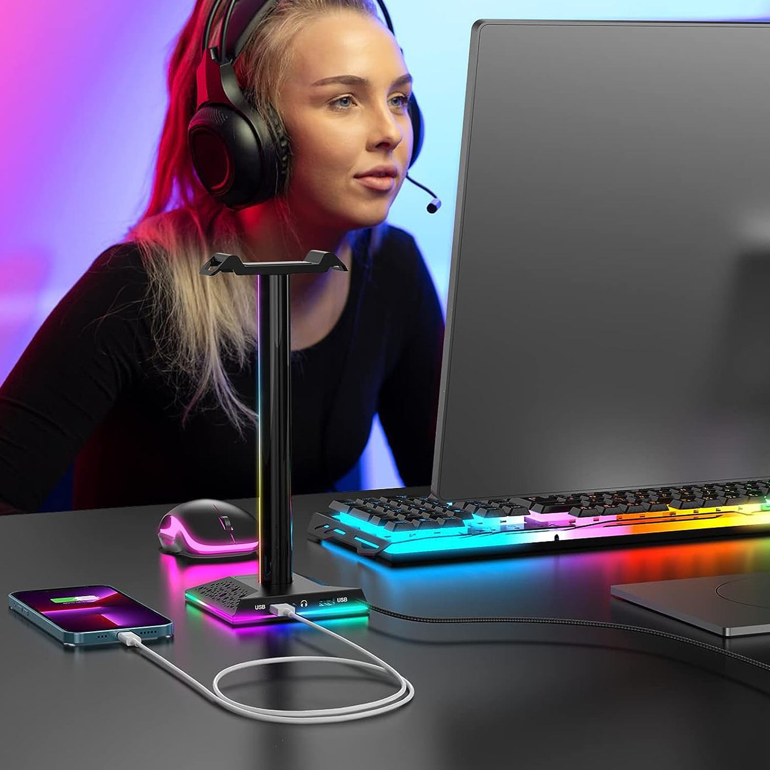 STOJAK NA SŁUCHAWKI RGB 10 TRYB OŚWIETLENIA 1 PORT AUDIO 3,5 MM 2 PORT USB Model Gaming Headphone Stand