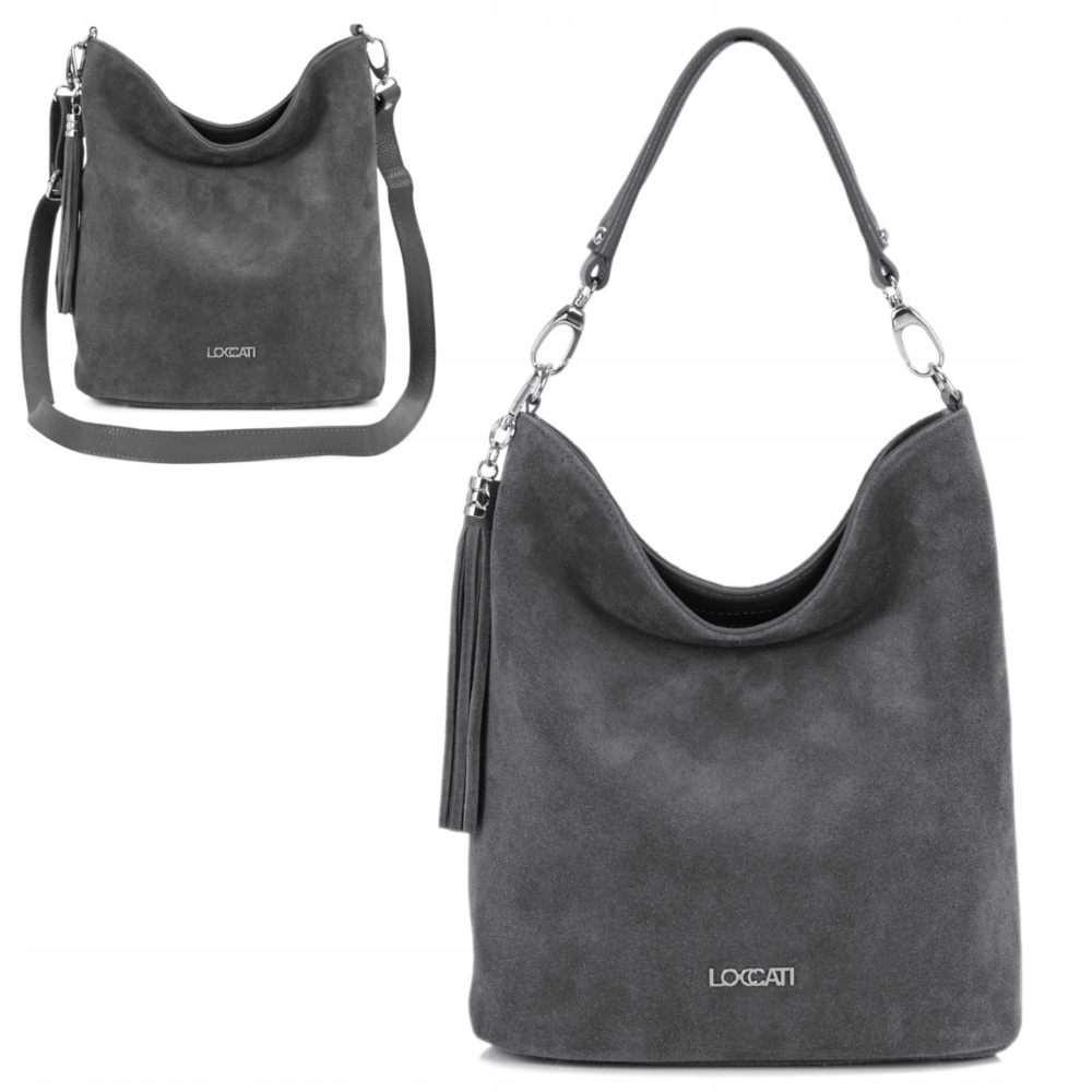 

Szara torebka worek zamszowa Modne torebki zamsz