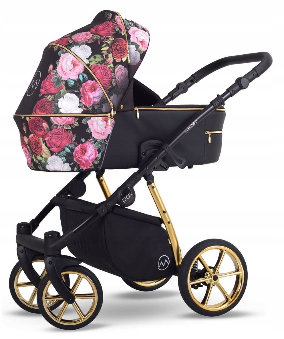 Wózek DZIEICĘCY 2w1 w róże złota RAMA w piękne kwiaty LONEX PAX ROSE