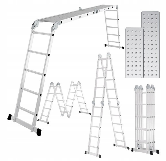 Rebrík 4x5 5.9 m univerzálny, hliníkový, kĺbový, rozkladací, podstavec, Plech