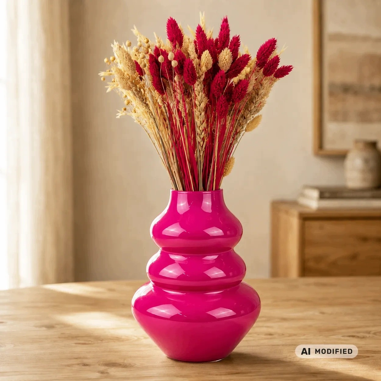 Skleněná váza růžová s kyticí sušených květin Vella W-769A 24 cm