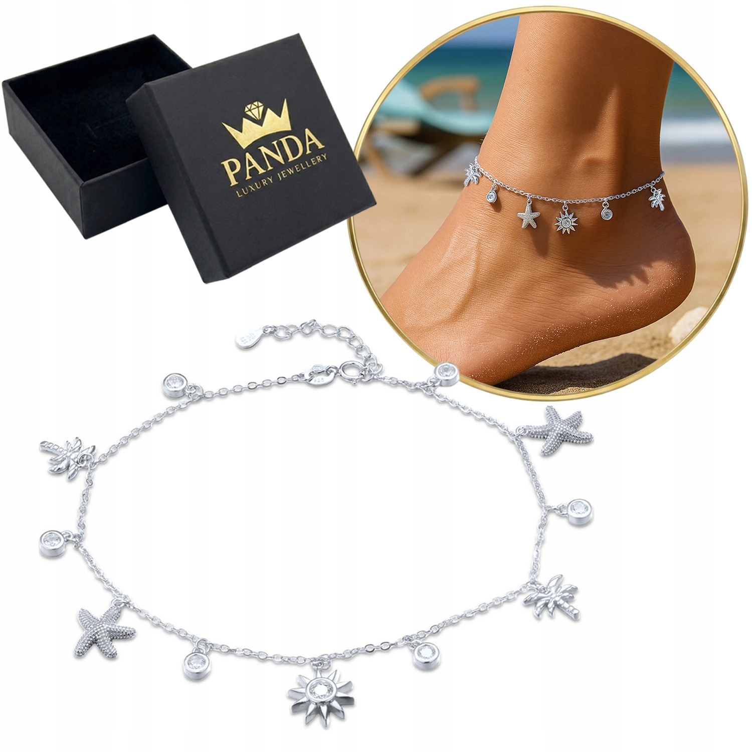 Stříbrný náramek na nohu Kostku 925 Přívěsky Palmy Slunce Hvězdice