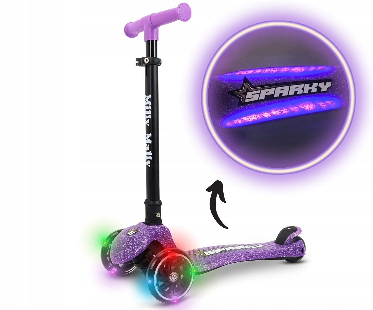 Hulajnoga Trójkołowa Dla Dzieci koła podest Led Sparky Violet Milly Mally