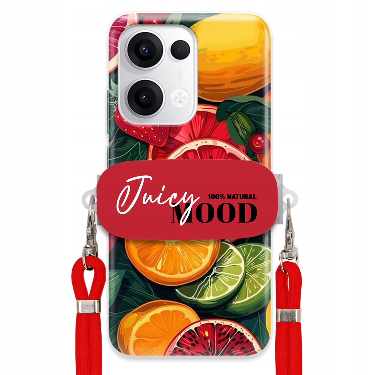 Puzdro pre Oppo Reno 13 5G Červené Crossbody vodítko držiak Juice Mood Ovocie