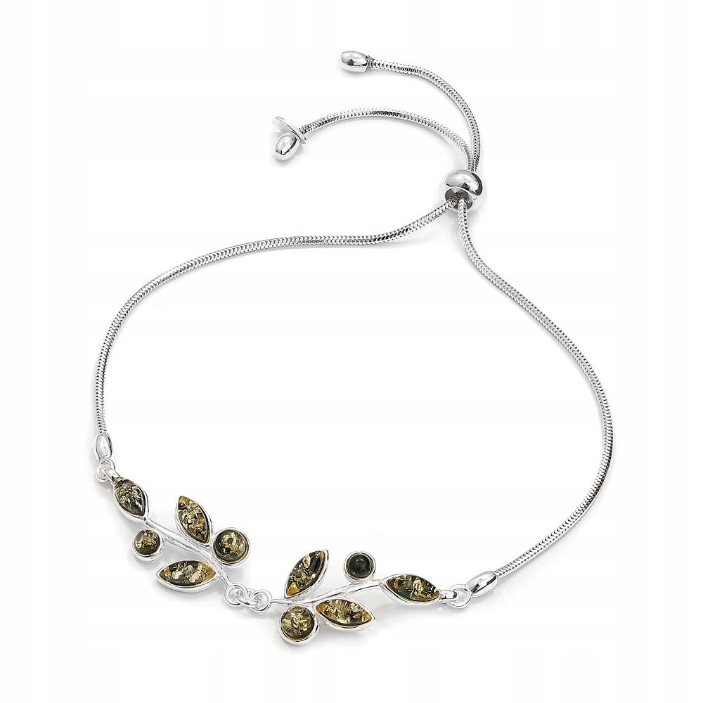 Stříbrný Náramek S Jantarem Větvička List Dárek Pro Ženu