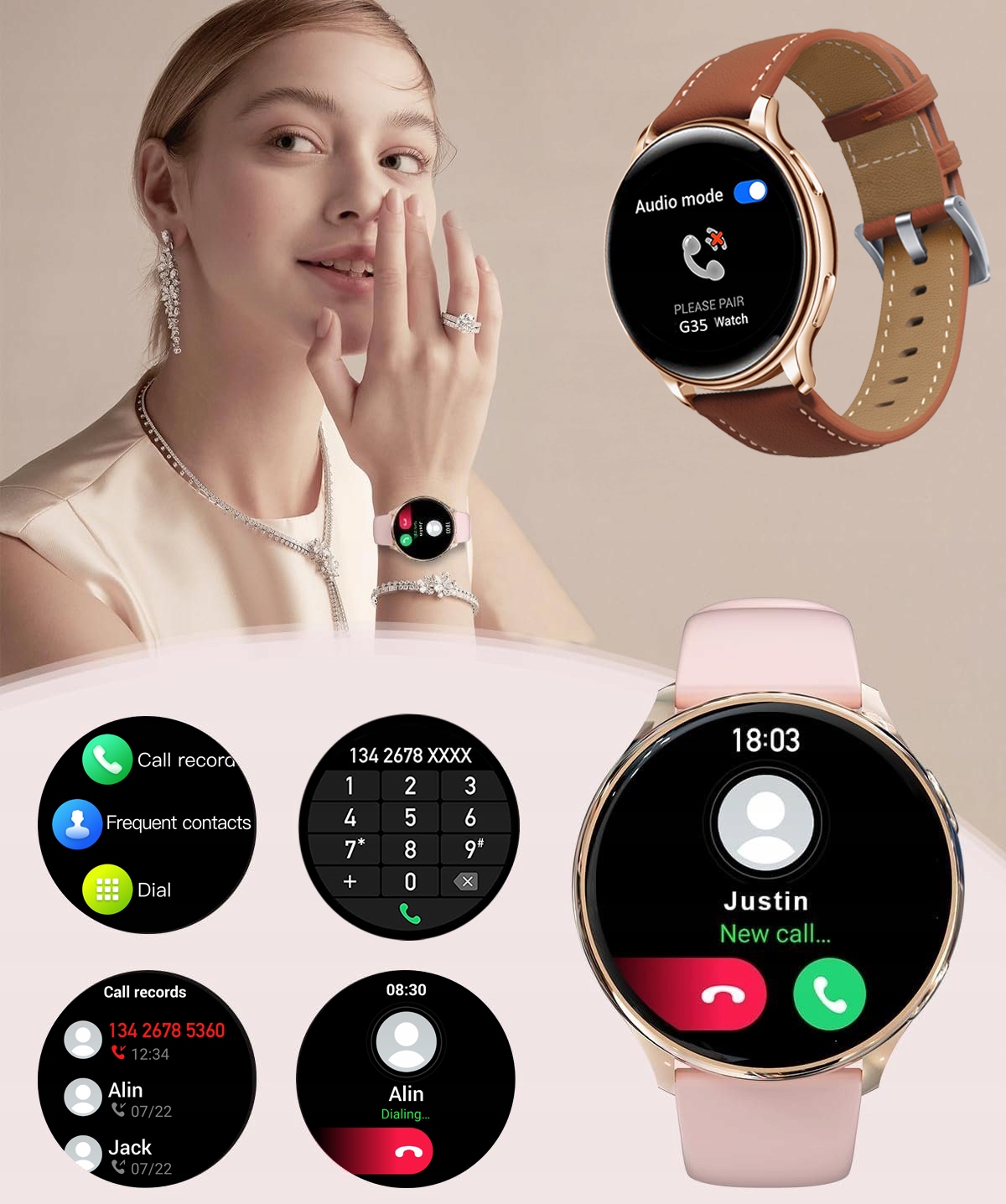 SMARTWATCH DAMSKI DLA KOBIETY ROZMOWY POWIADOMIENIA SPORT POMIARY MENU PL Model LadyWatch G35