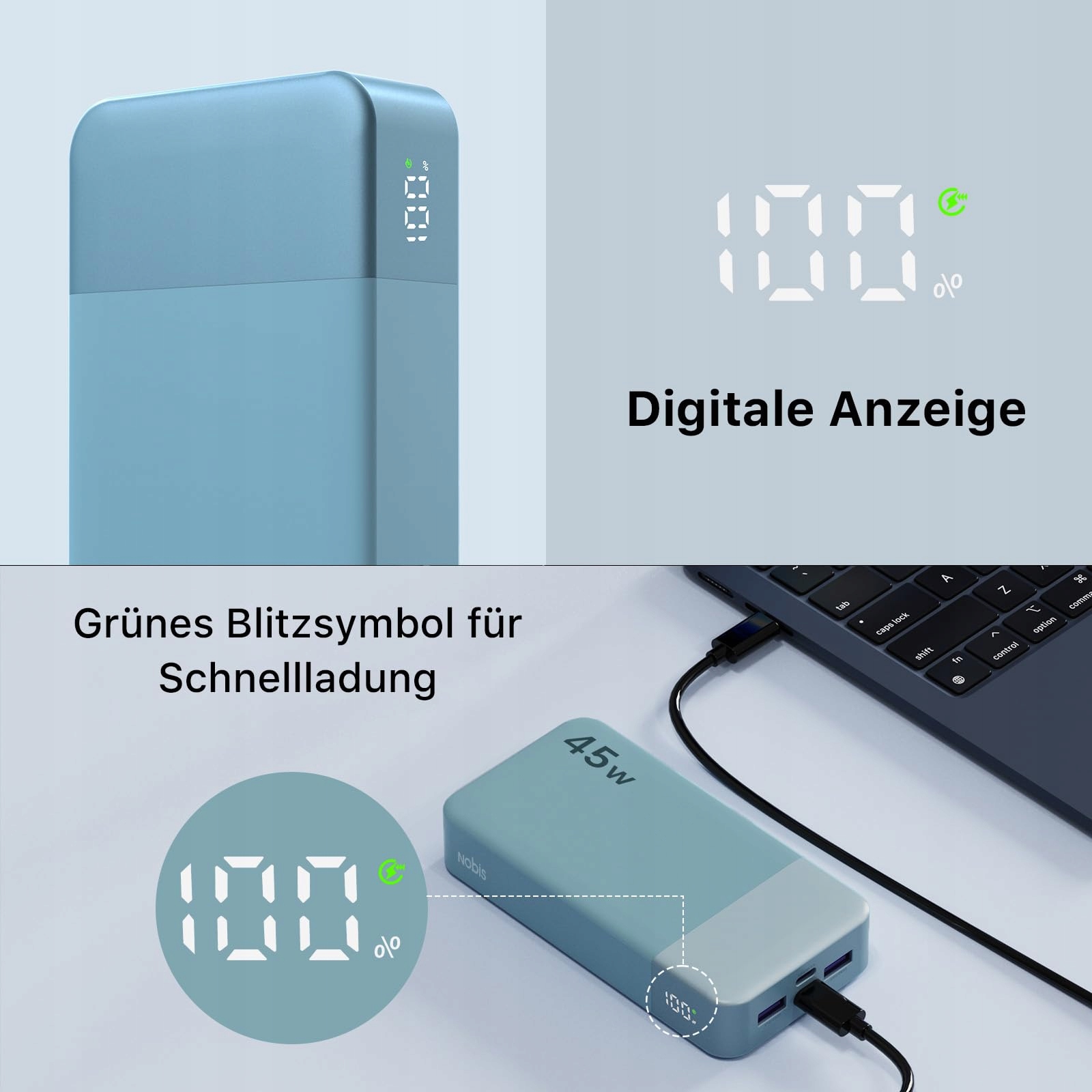 NOBIS Powerbank 20000mAh Szybkie Ładowanie Z Kablem C Do C Wyświetlacz — miniatura 6