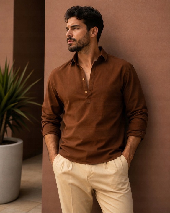 Męska koszula lniana 3XL z długim rękawem Henley Premium duza
