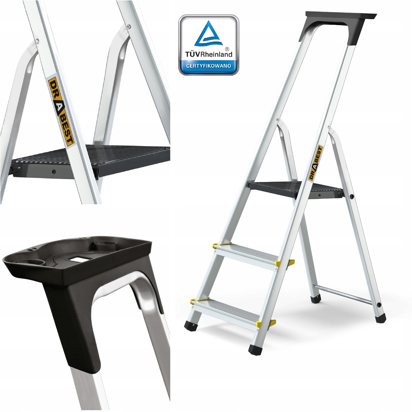Hliníkový domácí Žebřík Pro jednostranný 3stupňový s policí 150 kg