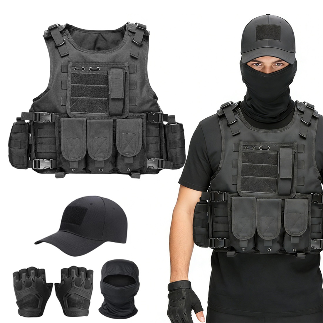 Zestaw treningowy kamizelka taktyczna z 7 kieszeniami i kompletem czarny