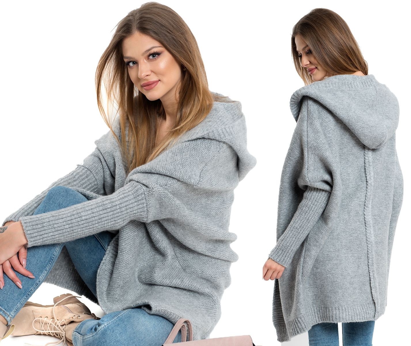 

Neiro Luźny Sweter Kardigan Z Kapturem Oversize