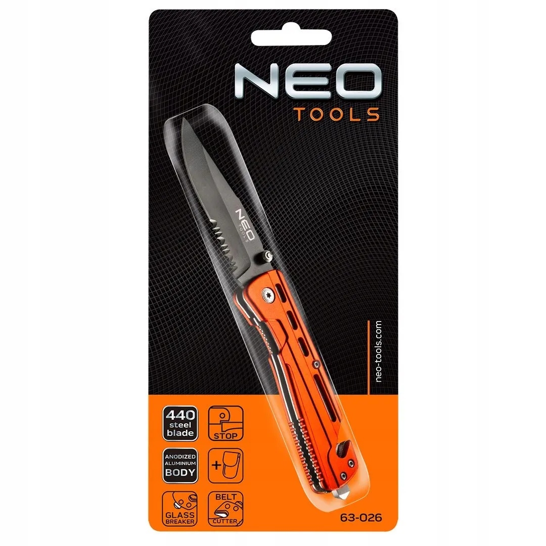 Nóż Składany Z Blokadą Z Ostrzem Do Pasów 63-026 Neo Tools