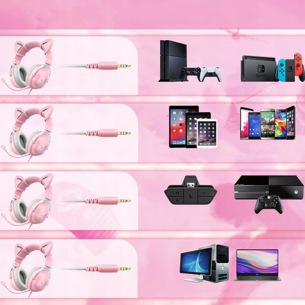 ONIKUMA X11 KOCIE USZY SŁUCHAWKI GAMINGOWE NAUSZNE PRZEWODOWE Z MIKROFONEM Kolor różowy