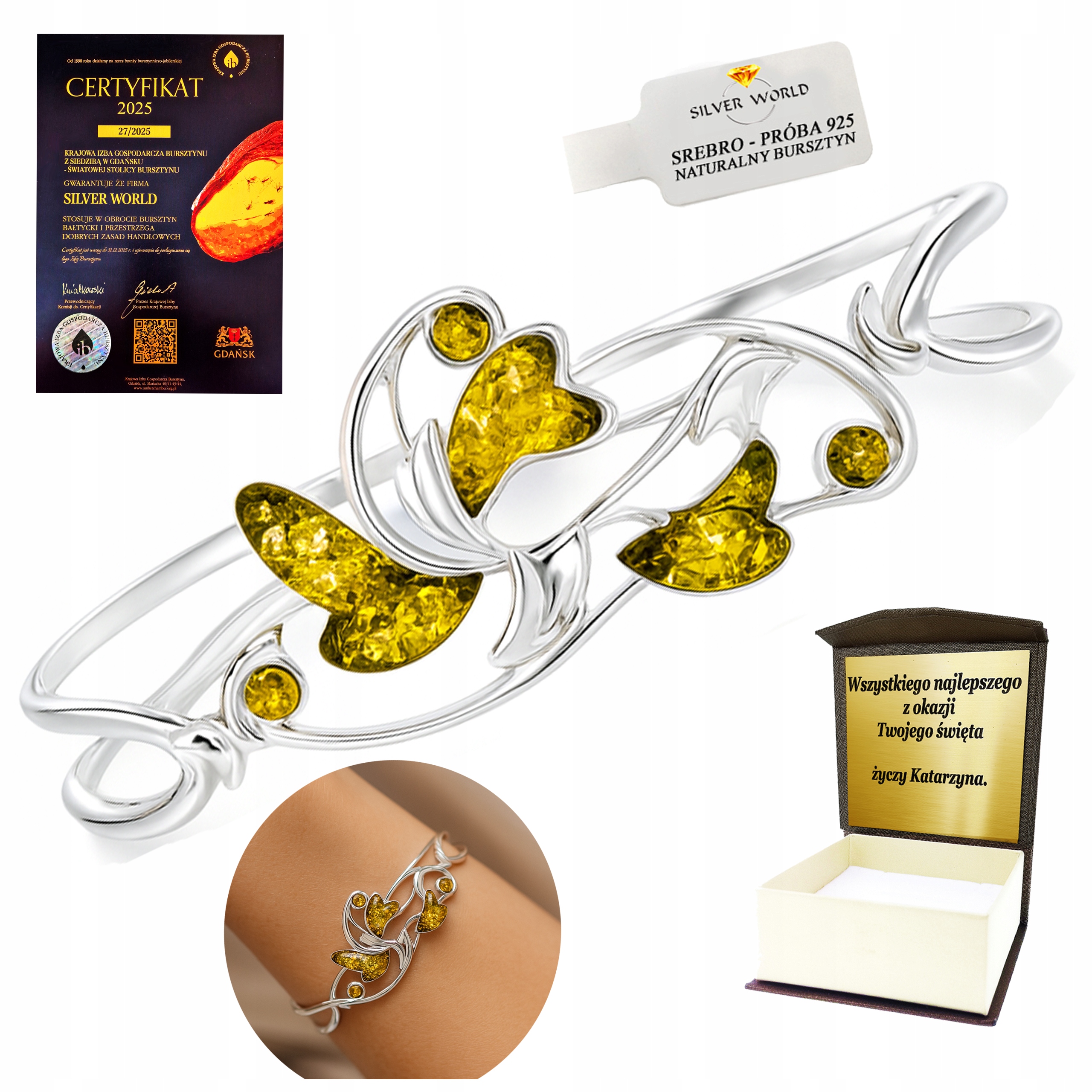 Stříbrný Náramek Se Zeleným Jantarem Jako Dárek Ruční Práce Gravírování