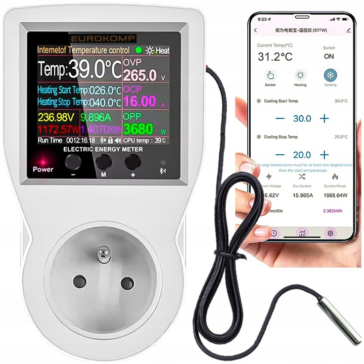 Zásuvkový termostat 3600W regulátor WiFi počítadlo 16A Watomierz Tuya