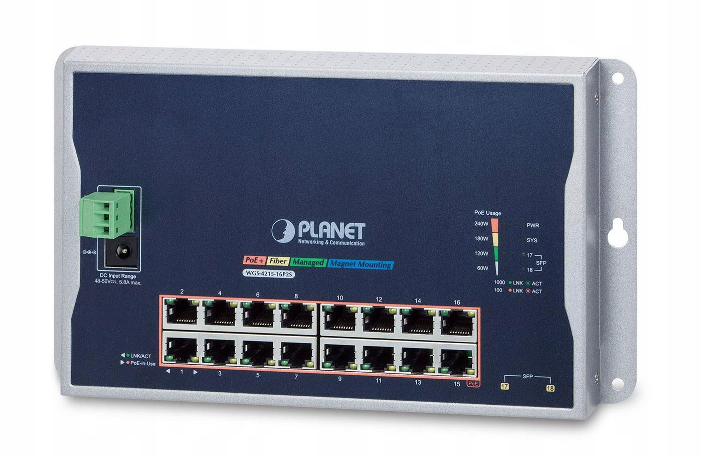 Planet 16portový gigabitový switch, krytí IP40, podpora IPv6/IPv4