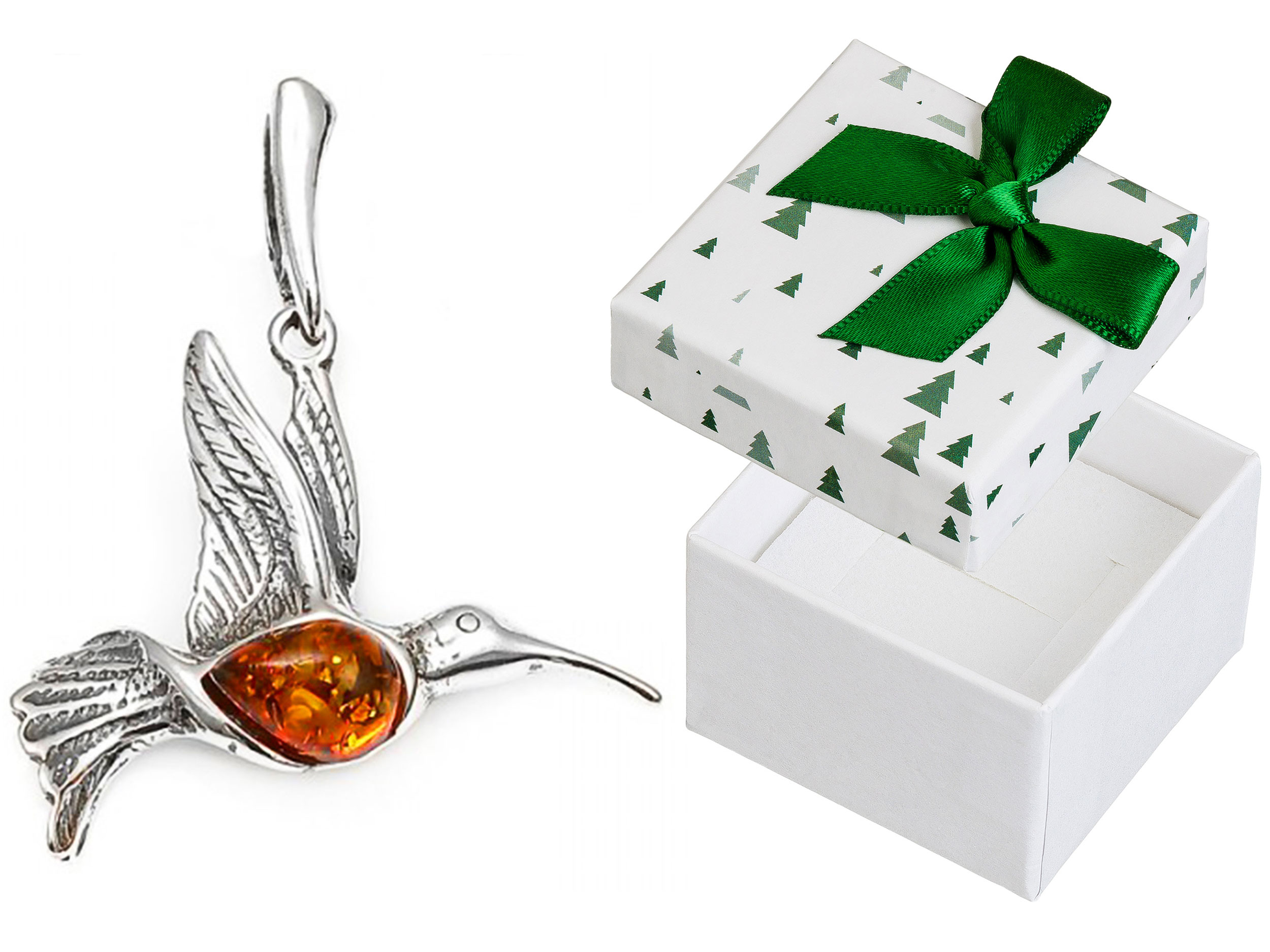 Stříbrný přívěsek Pták s jantarem Oxidovaný Přívěsek Dámský Kolibřík 925