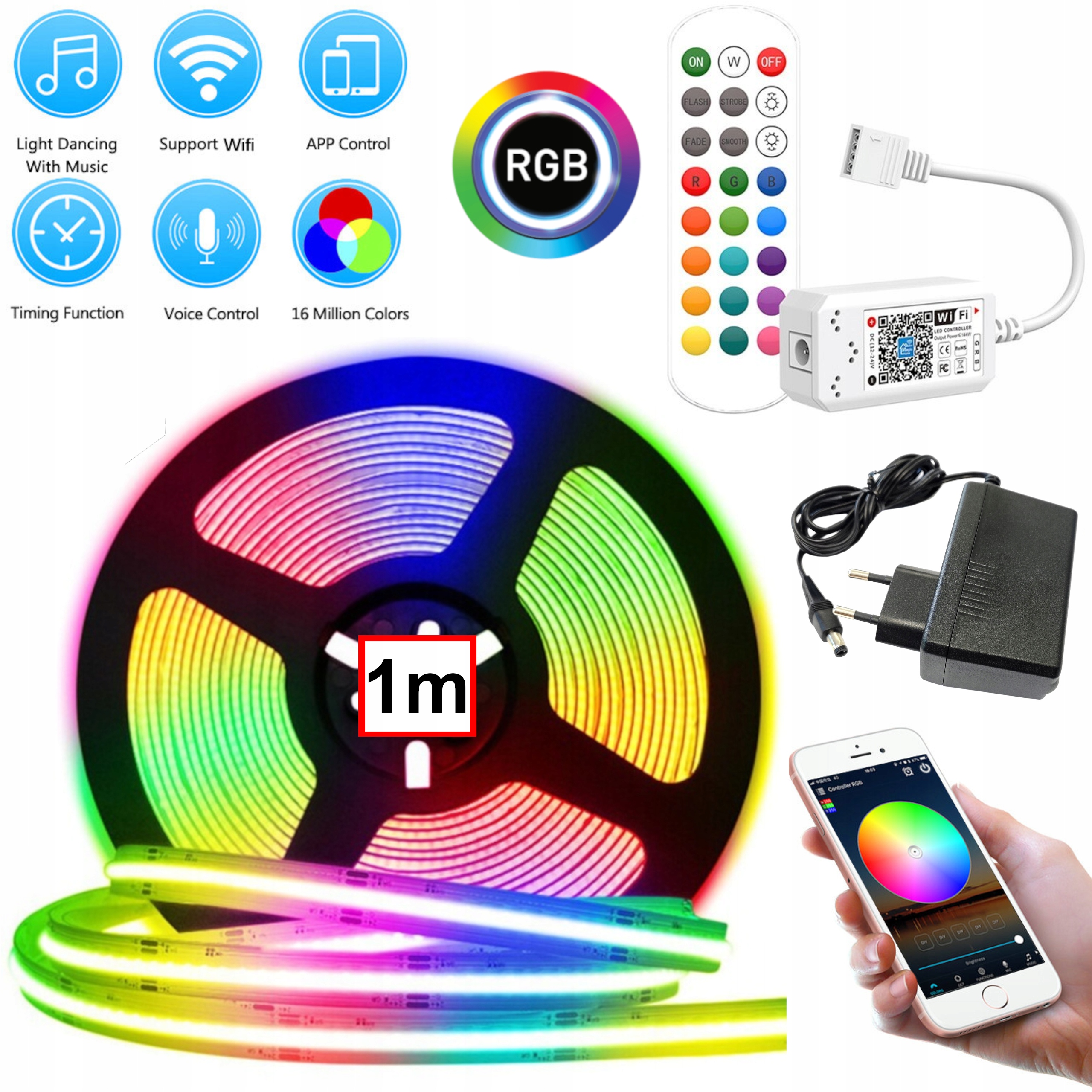 Taśma Led Rgb Cob Zestaw 1M Sterownik Smart Android iOS Zasilacz