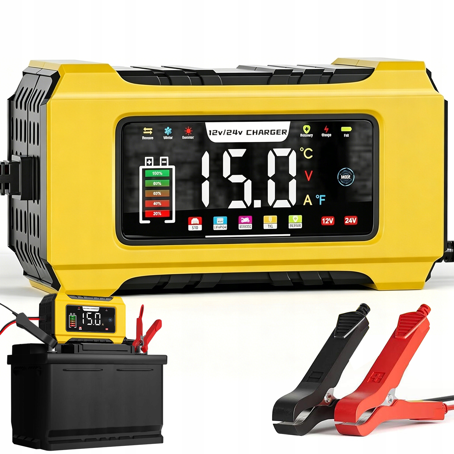 Automatická Nabíječka Akumulátorů S Funkcí Opravy 12/24V 15A LCD Výkonná