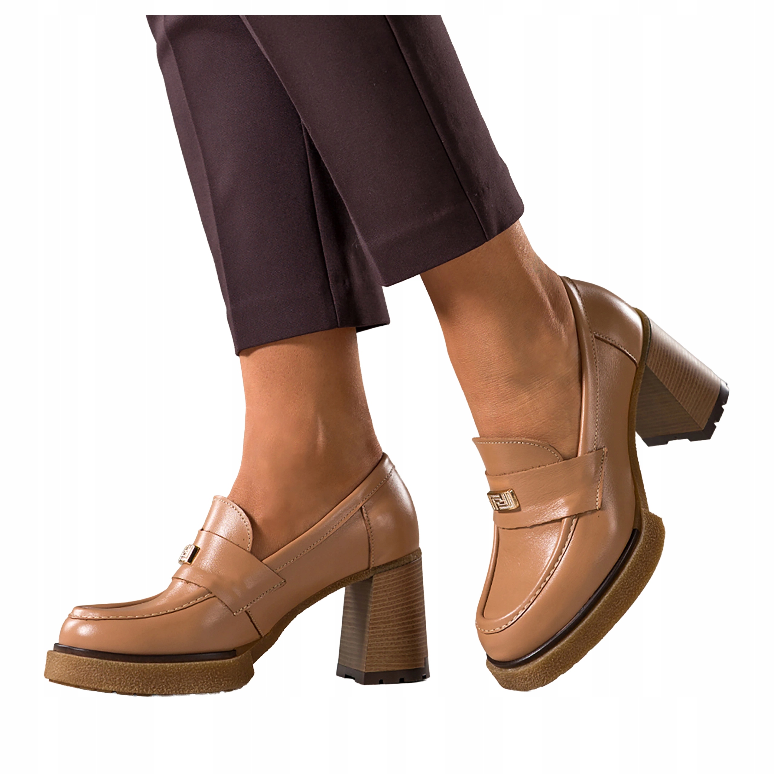 Camelové dámské kožené Polské mokasíny s ozdobou Široký kotník, velikost 39