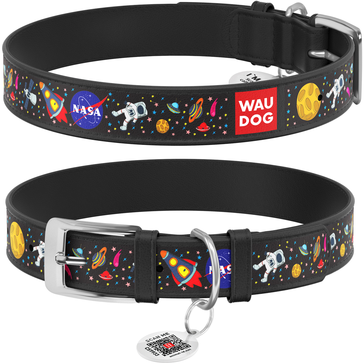 Levně Obojek pro psa, černá kůže, kresba Nasa, velikost L, 28-40 cm, 20 mm