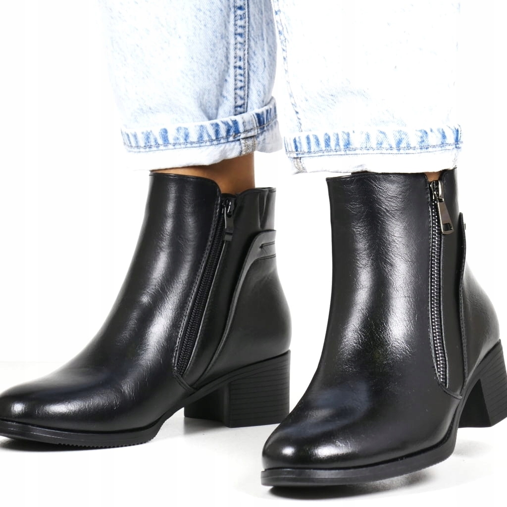 Černé Kotníkové Boty Na Podpatku Bloku Stabilní, Pohodlné, Lehké, Na Zip 41
