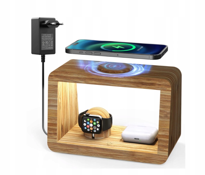 Stacja Ładowania Bezprzewodowa Z Lampką Nocną 4w1 Drewniana