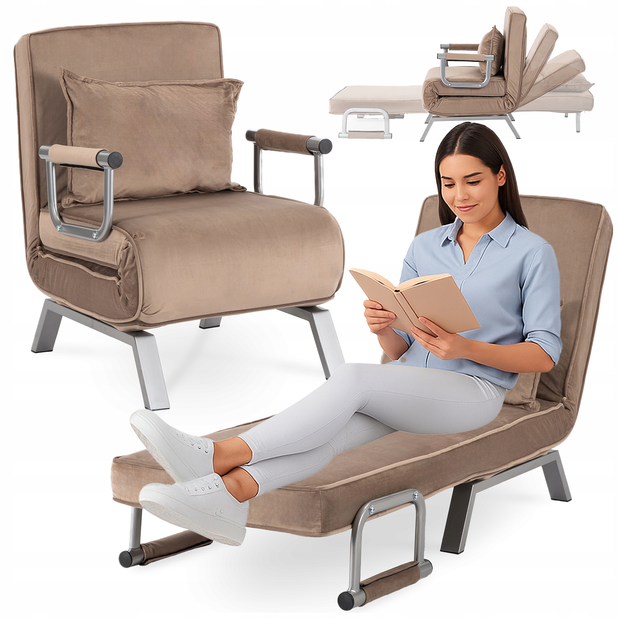 Rozkládací křeslo pro spaní v obývacím pokoji Jednolůžkové lehátko Velurové béžové Bart