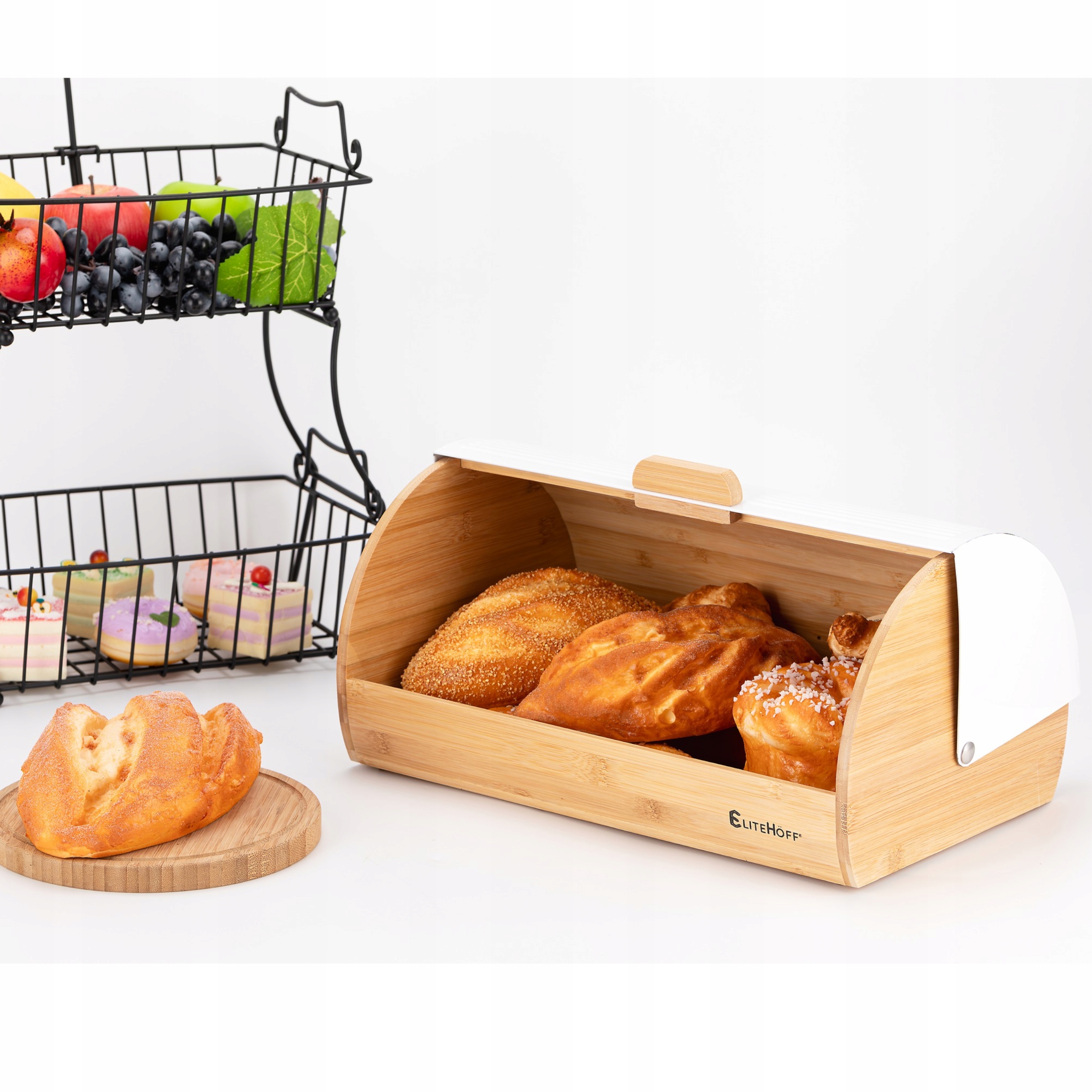 DUŻY CHLEBAK POJEMNIK NA PIECZYWO BIAŁY BAMBUSOWY METALOWY Kod producenta E-6046