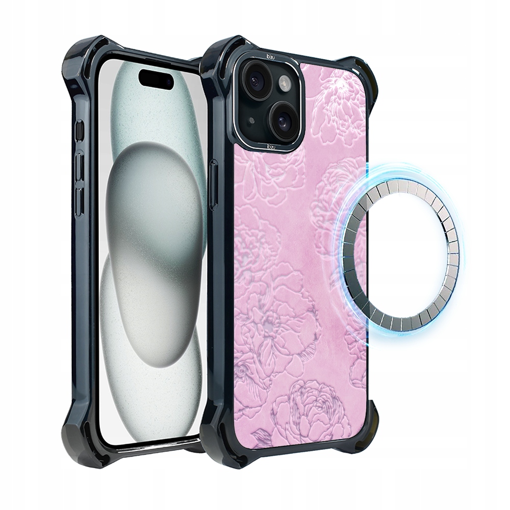 Pouzdro pro iPhone 15 Ibizu DropGuard Ultra s MagSafe, růžové pivoňky