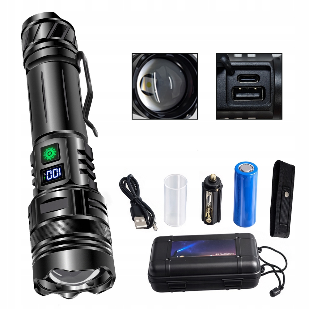 Led svítilna 5000mah Akumulátorová Výkonná Reflektor Zoom Usb Voděodolná