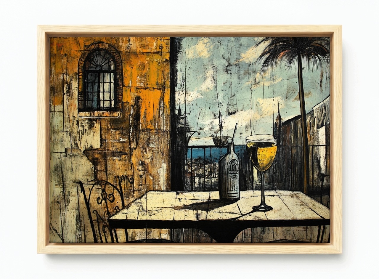 Obraz Rám Americká Krabička Pohled Balkon Terasa Stůl Drink Palma Moře 60x40