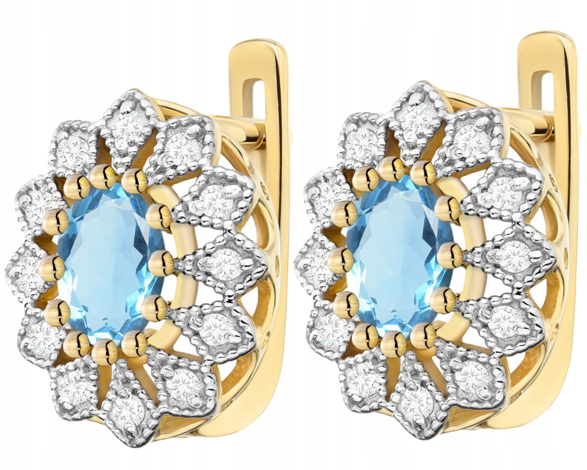 Zlaté Náušnice S Azurovými Topazy A Diamanty, Anglické Zapínání