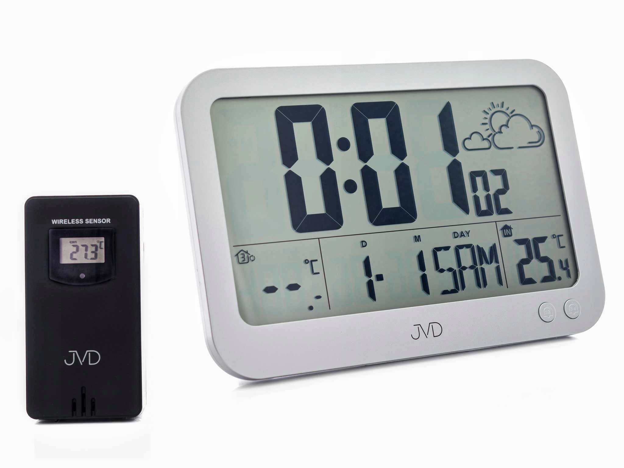 Budzik Jvd RB3565.2 Srebrny Alarm Drzemka Termometr Kalendarz Duży