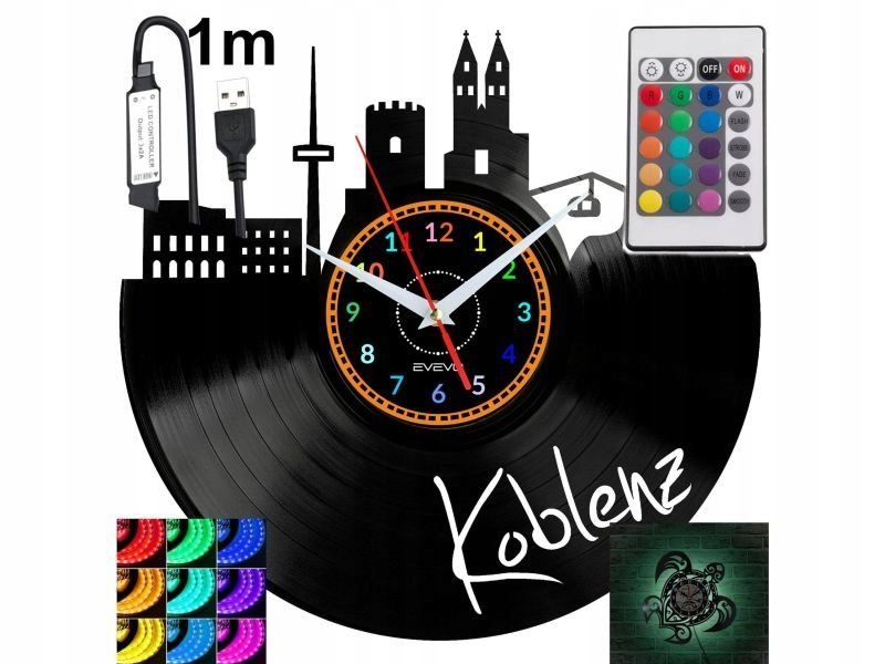 Koblenz Nástěnné podsvícené Led hodiny Rgb na dálkové ovládání Vinylová deska Moderně