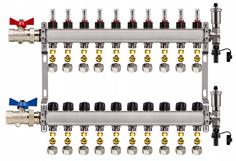 Rozdělovač Pro Podlahovku 10 Nerezových Okruhů Jednoduchý Ventil Pexové Spojky