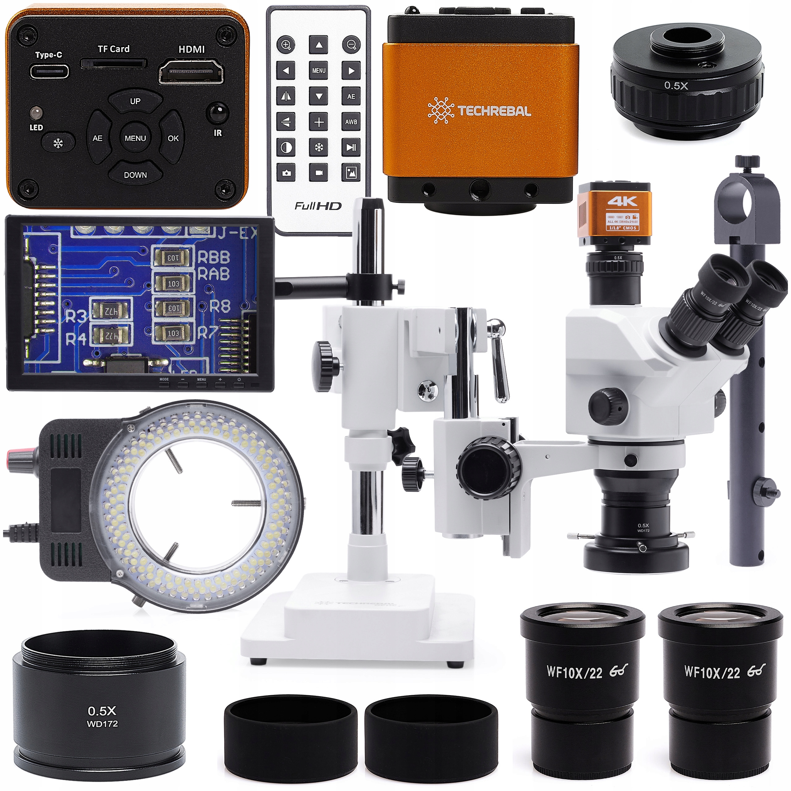 Stereoskopický Mikroskop 10HW Pro 7-60x Kamera 4K Monitor 8" Světlo 144x