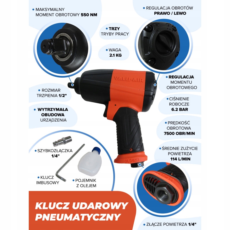 KLUCZ PNEUMATYCZNY 550Nm 1/2" 1/4" 114 l/m7500 obr/min. 6,2 bar Kod producenta 48688