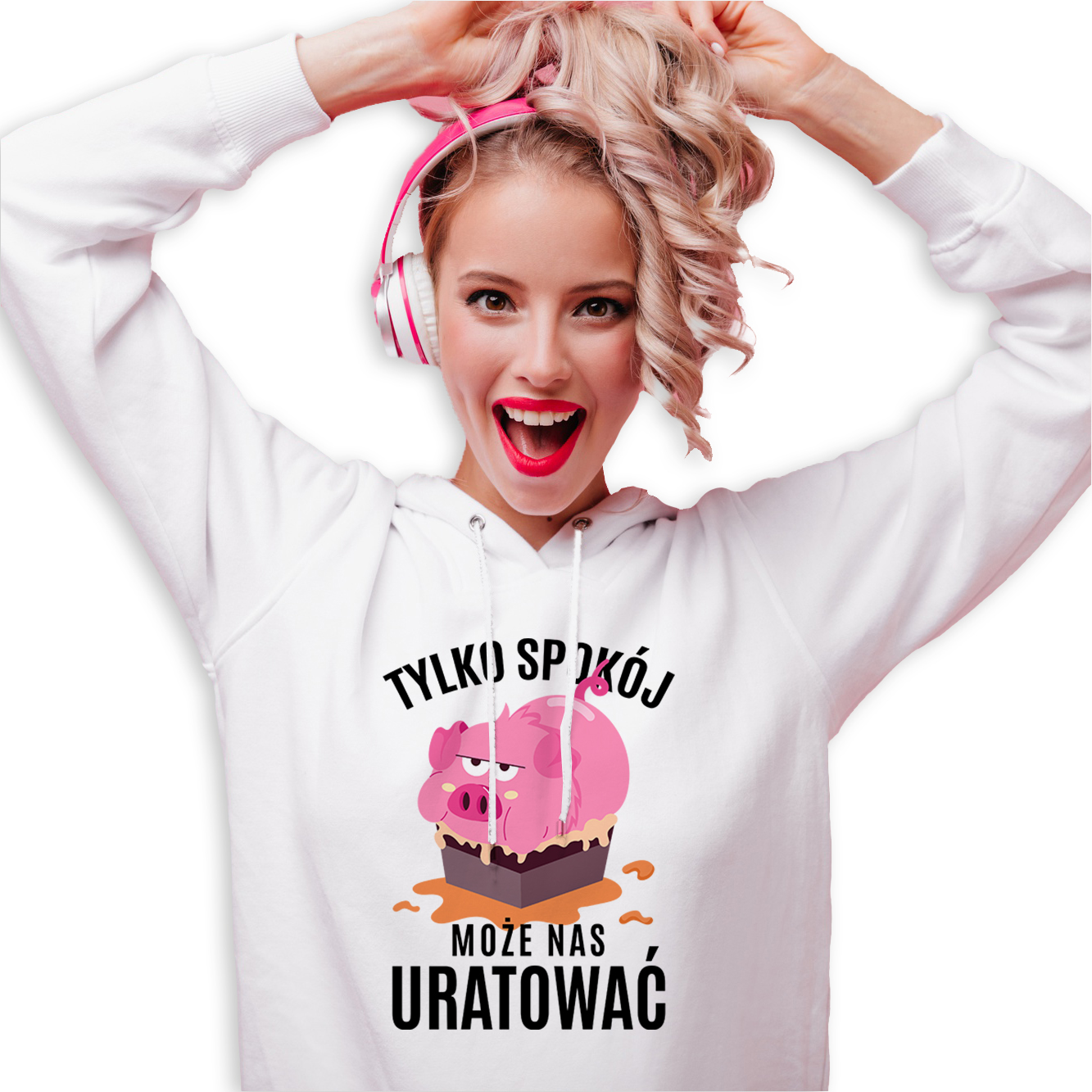 Mikina Bílá S Kapucí Jako Dárek Klid Nás Může Zachránit Prasátko M