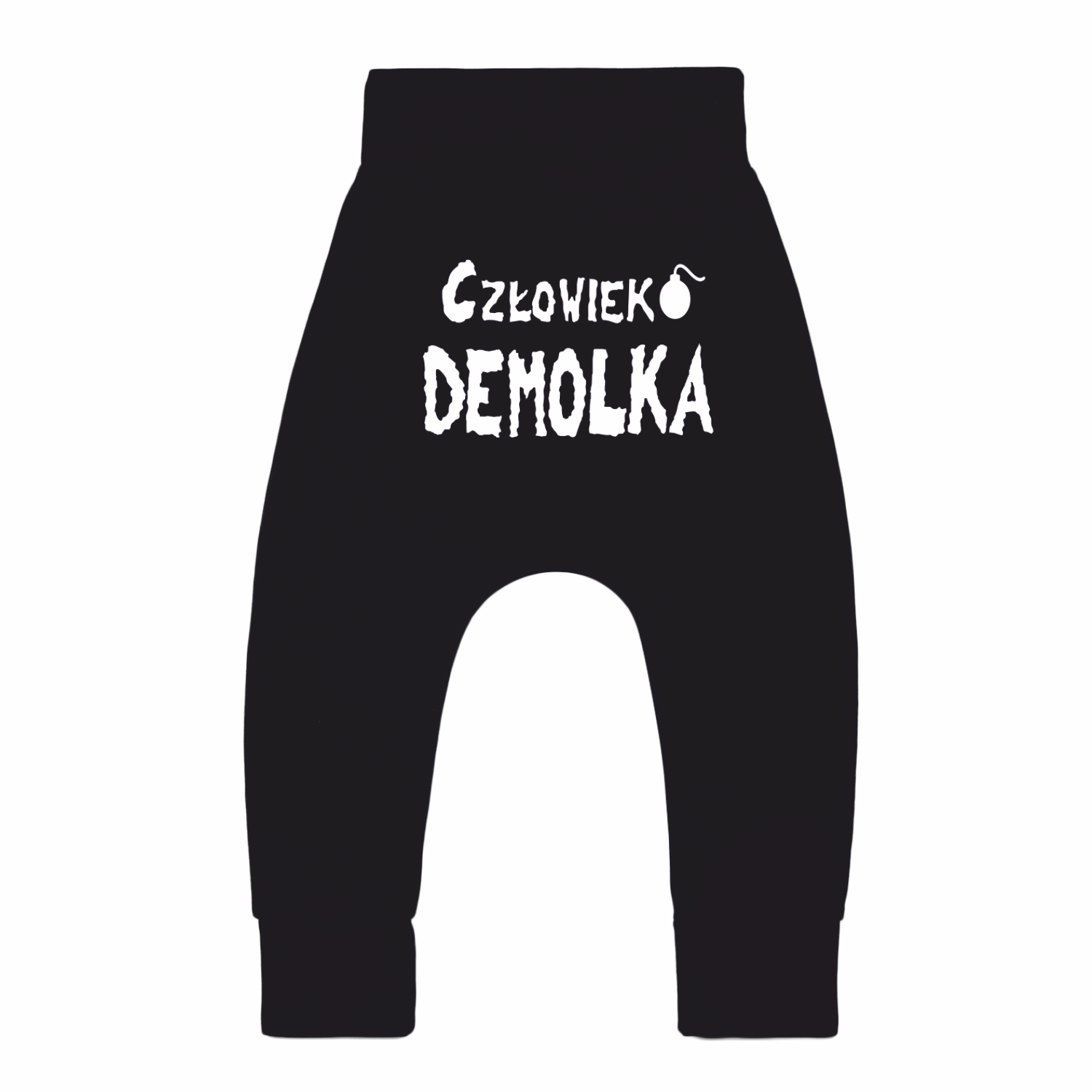 

Spodnie, spodenki dresowe Człowiek Demolka, napis.