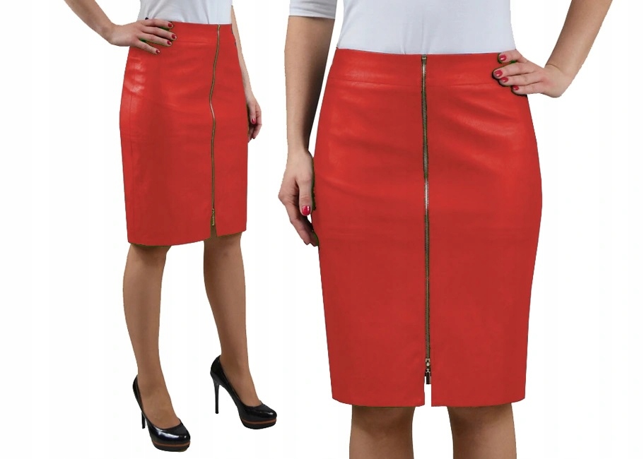 OŁÓWKOWA SPÓDNICA SKÓRZANA ZAMEK CZERWONA r.46