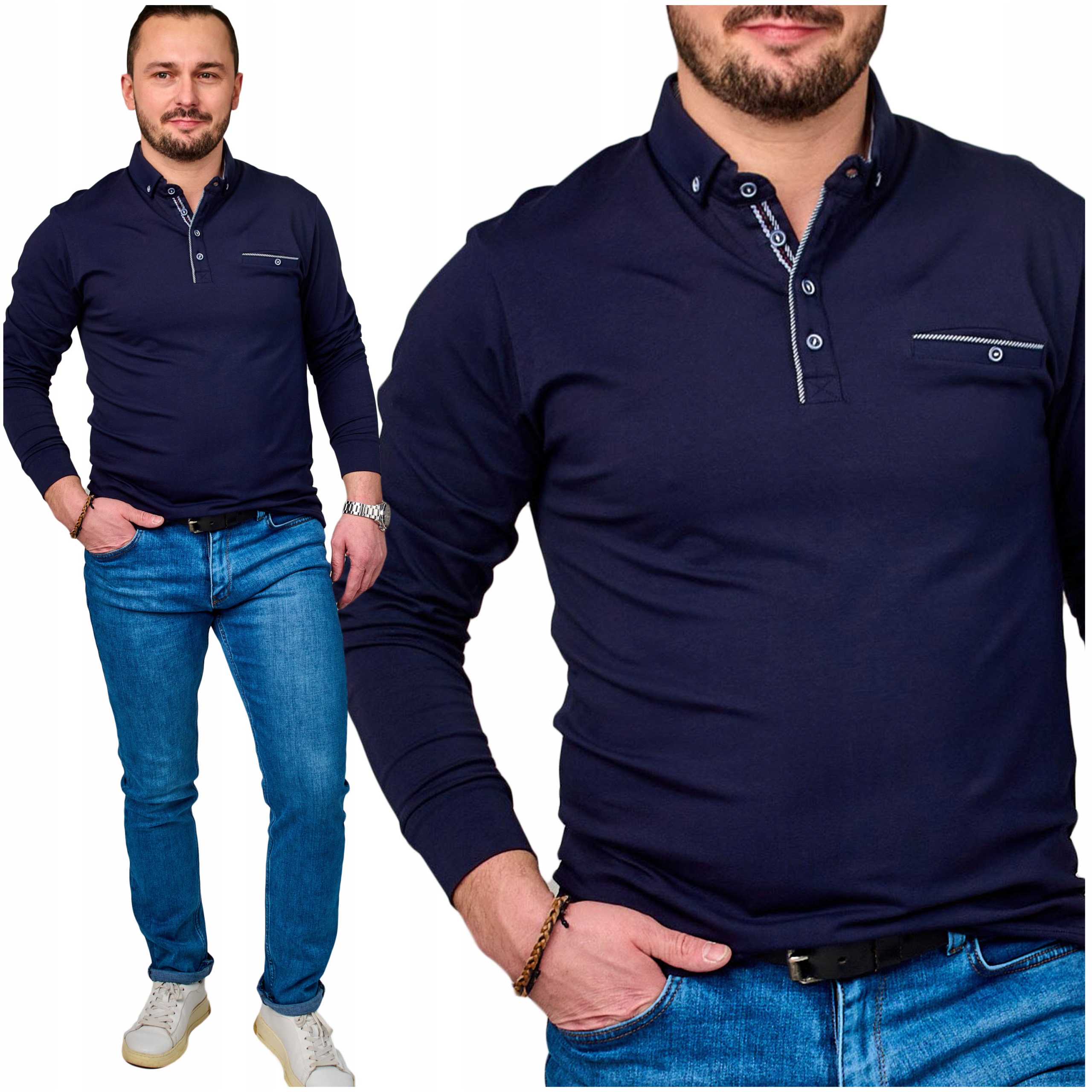 Bluzka koszulka męska z długim rękawem cienka polo zapinana 101 granat XL